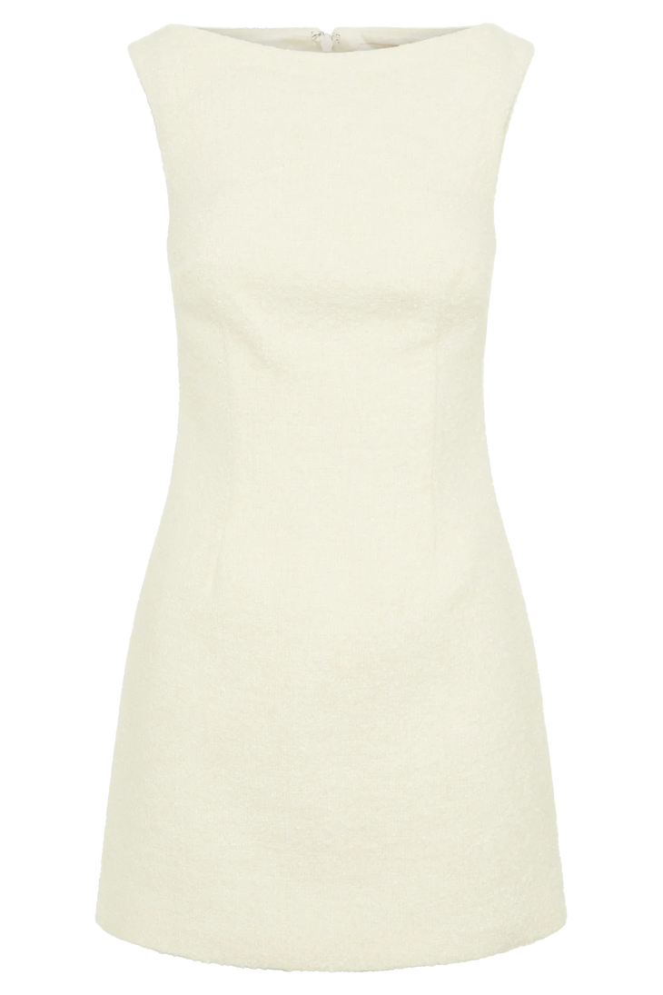 Woman wearing cream textured boucle sleeveless mini dress with white platform sandals — Meshki | Endless UAE