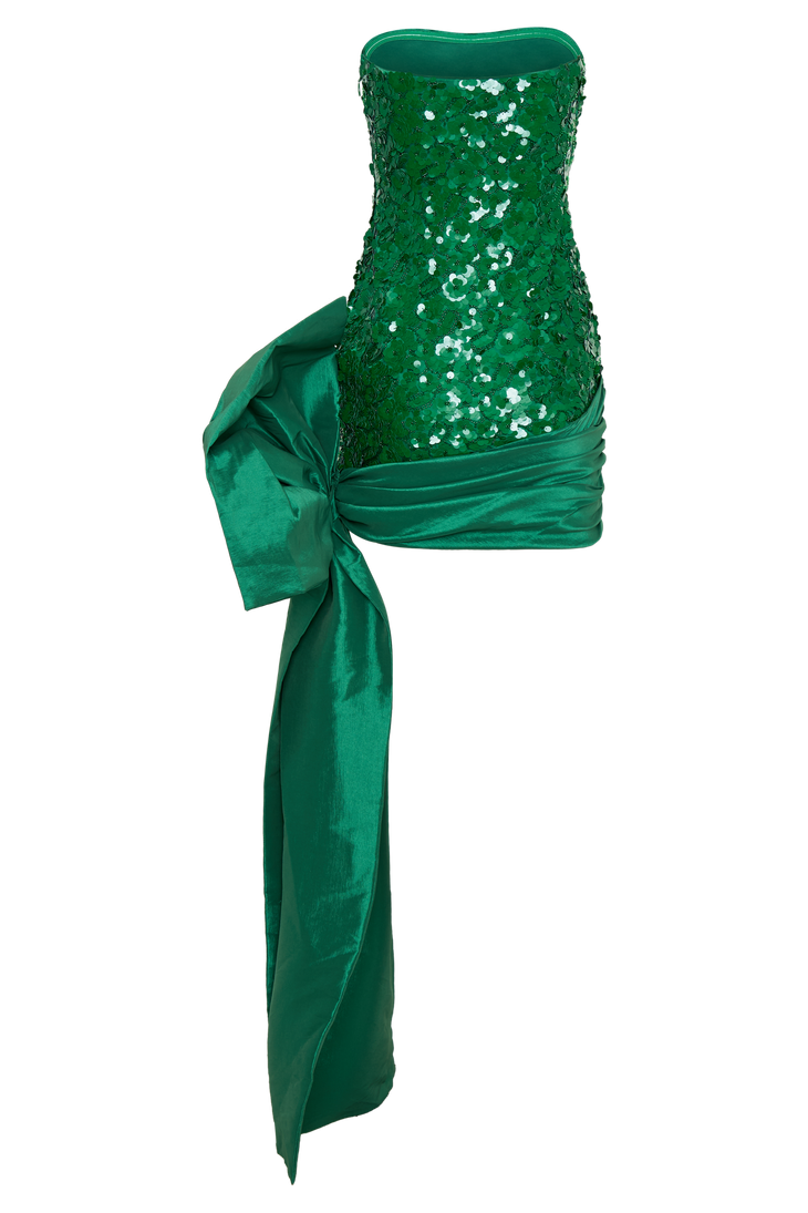 Emerald green strapless sequin mini dress with dramatic oversized bow detail at hip — Meshki | Endless UAE