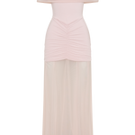 Woman wearing blush off-shoulder maxi dress with ruched details and mesh panel — Meshki | Endless UAE