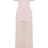 Woman wearing blush off-shoulder maxi dress with ruched details and mesh panel — Meshki | Endless UAE