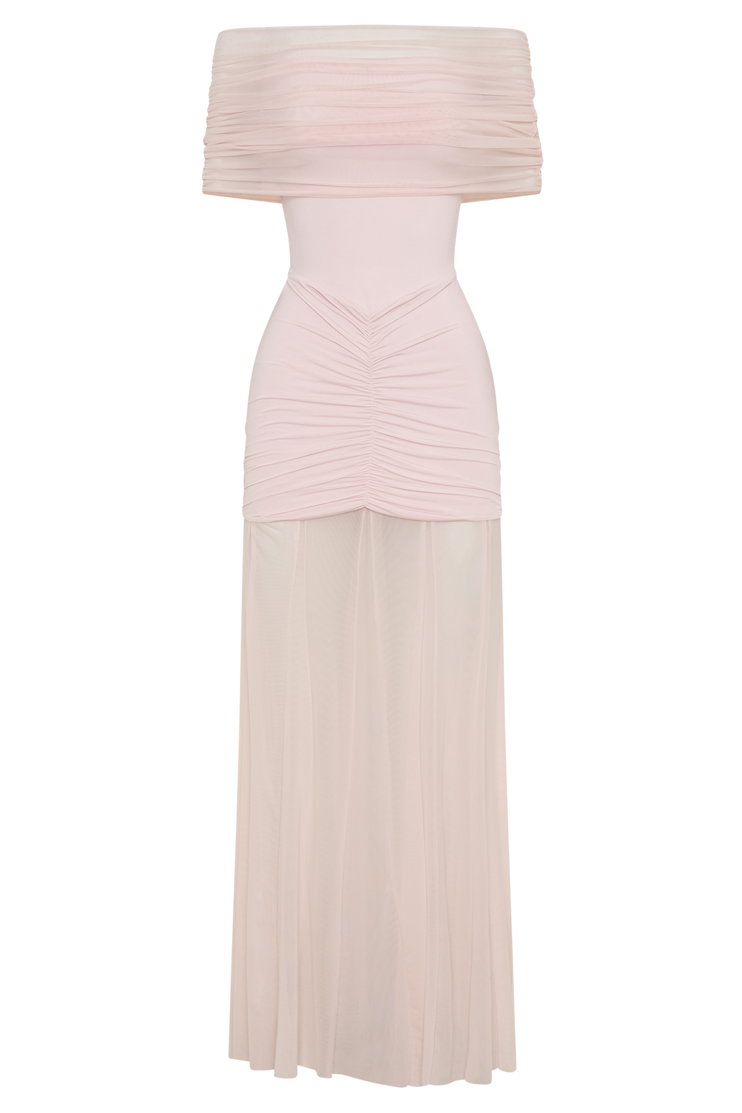 Woman wearing blush off-shoulder maxi dress with ruched details and mesh panel — Meshki | Endless UAE