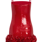 Red sequin mini dress with thin straps and dramatic rosette flower hemline — Meshki | Endless UAE