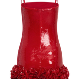 Red sequin mini dress with thin straps and dramatic rosette flower hemline — Meshki | Endless UAE