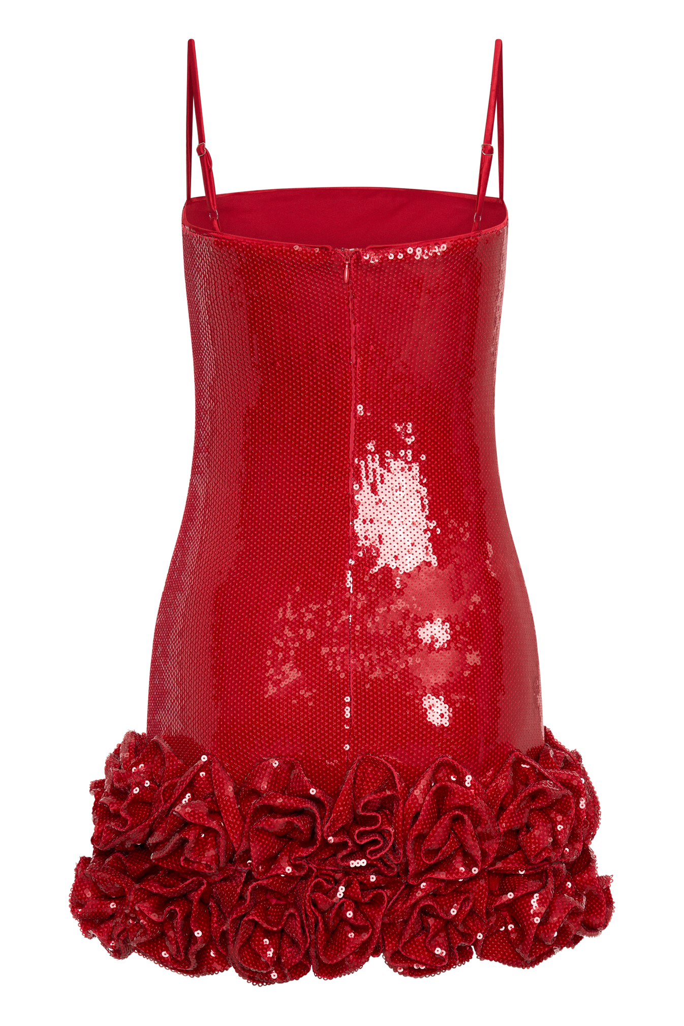 Red sequin mini dress with thin straps and dramatic rosette flower hemline — Meshki | Endless UAE
