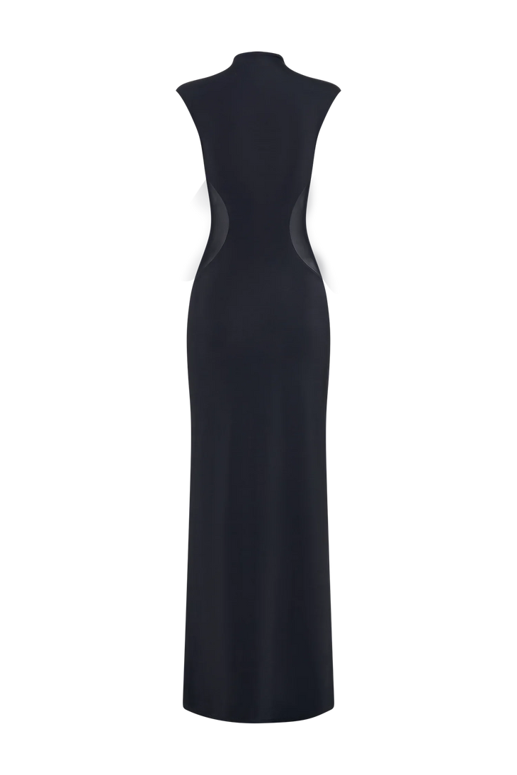 Black sleeveless maxi dress with sheer mesh side cutouts and high neckline — Meshki | Endless UAE