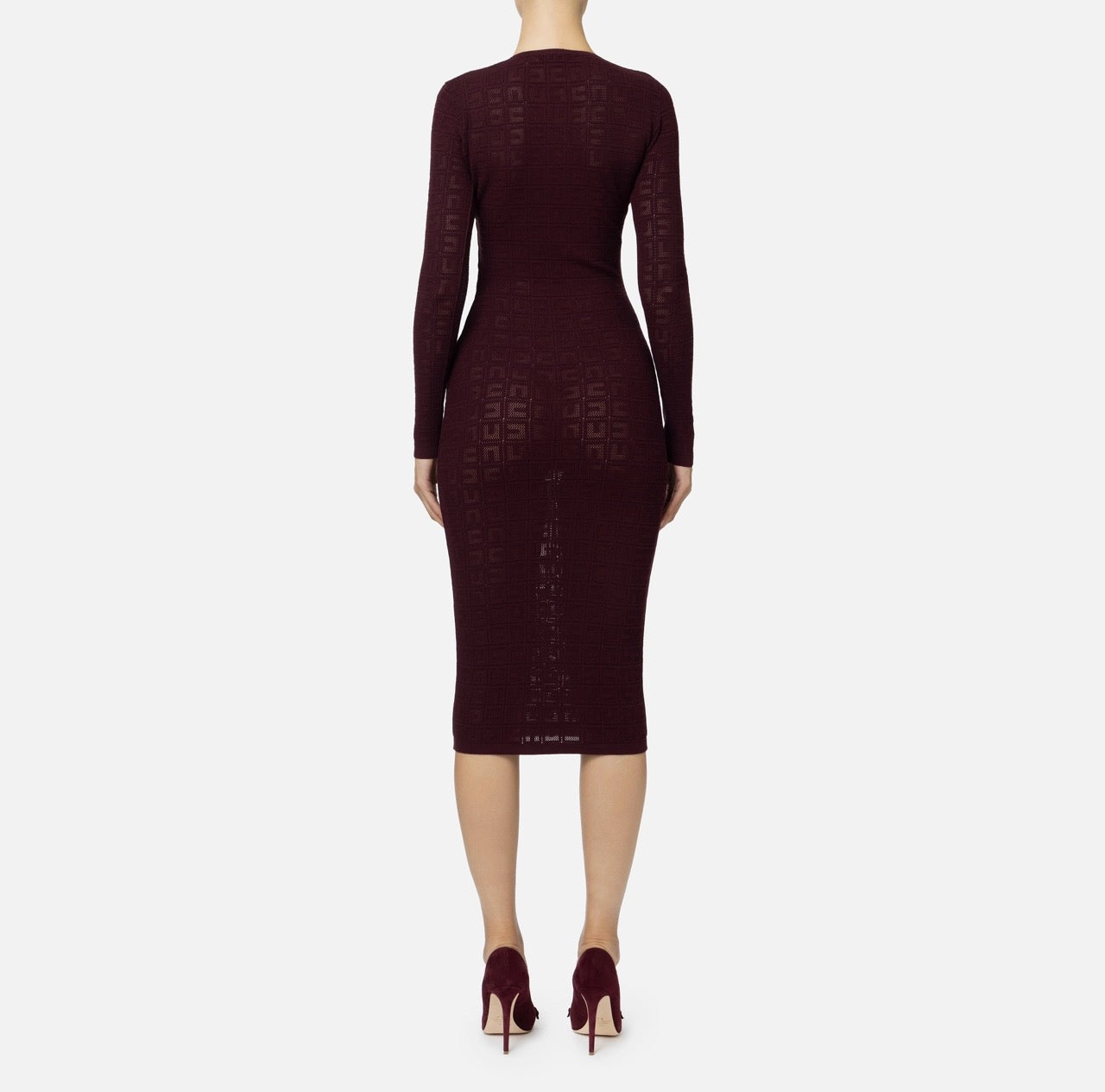 Burgundy viscose midi dress with long sleeves and bodycon silhouette, back view — Elisabetta Franchi | Endless UAE