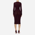 Burgundy viscose midi dress with long sleeves and bodycon silhouette, back view — Elisabetta Franchi | Endless UAE