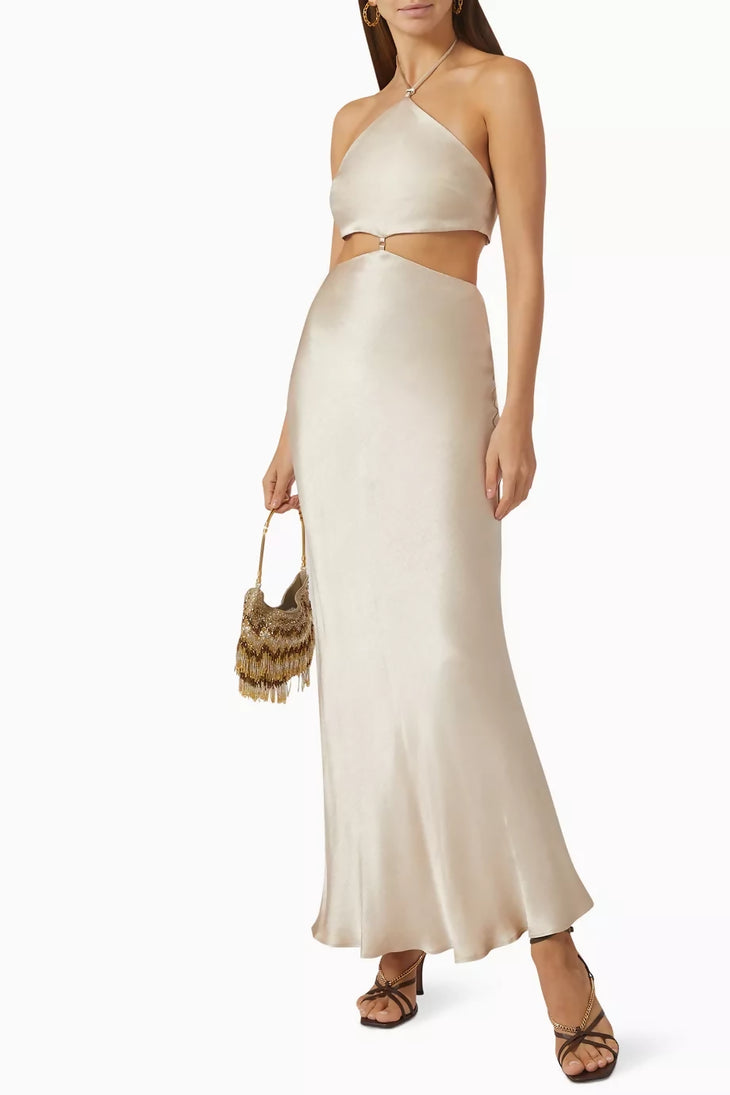 Cream halter neck maxi dress with cutout waist detail in satin — Bec + Bridge | Endless UAE