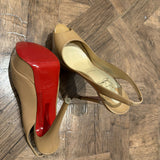 Nude patent leather peep-toe sling-back pumps with red sole — Christian Louboutin | Endless UAE