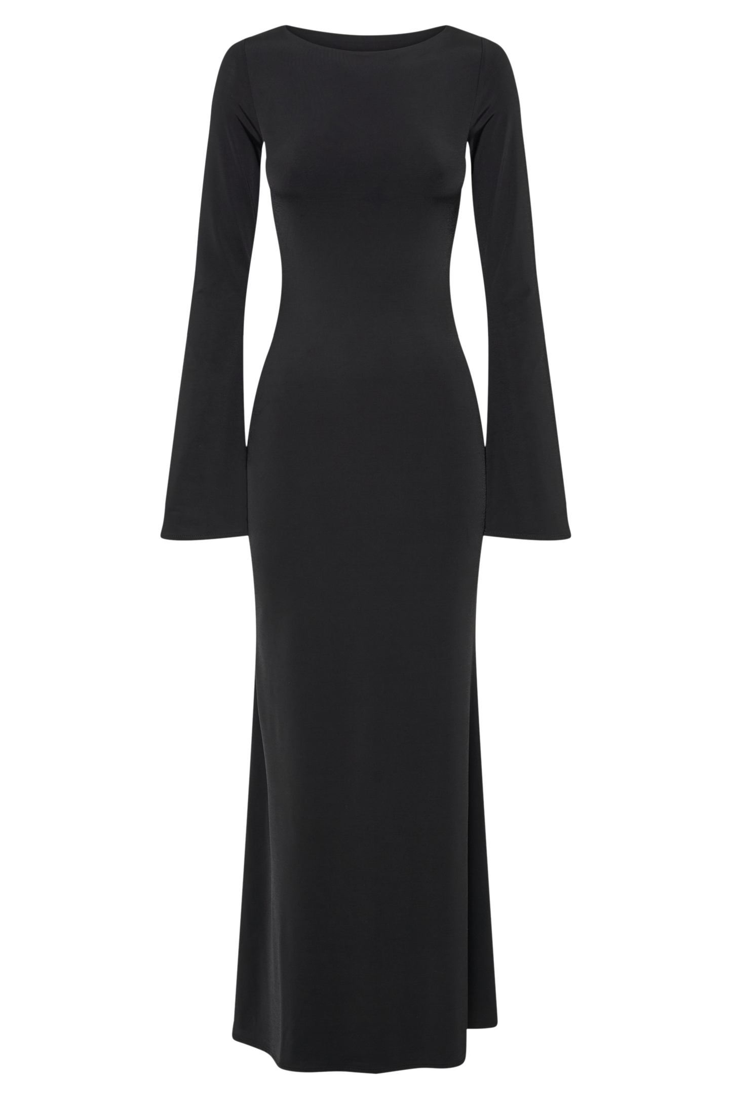 Black slinky fishtail maxi dress with long sleeves and crew neckline — Meshki | Endless UAE