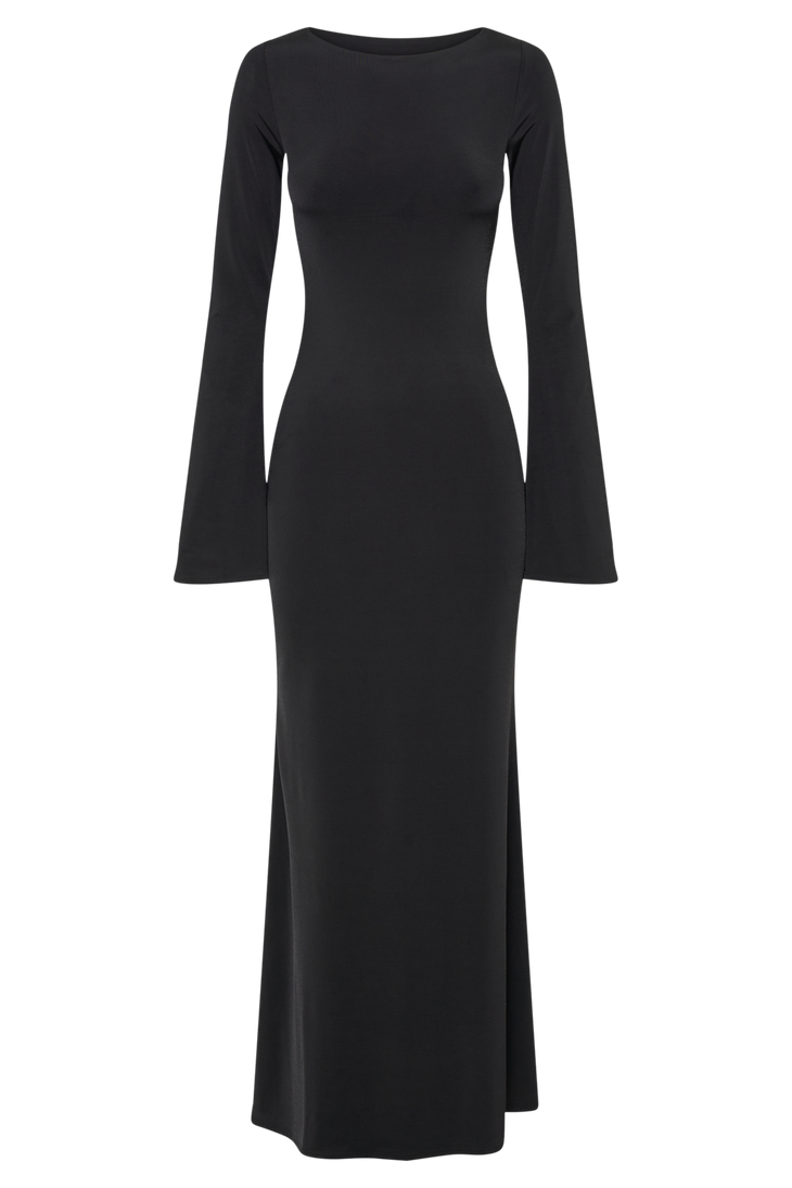 Black slinky fishtail maxi dress with long sleeves and crew neckline — Meshki | Endless UAE