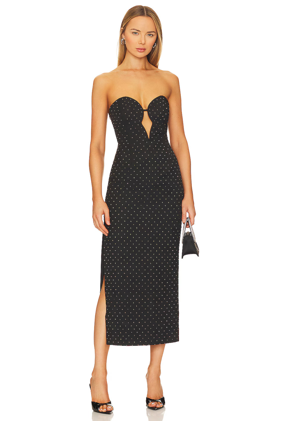 Black studded strapless midi dress with sweetheart neckline and side slit — Bardot | Endless UAE