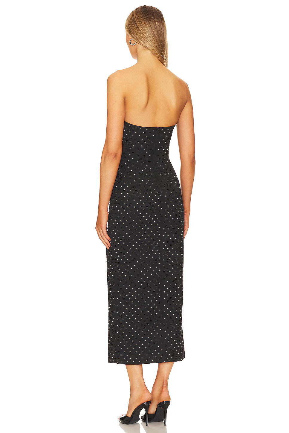 Black studded strapless midi dress with sweetheart neckline and side slit — Bardot | Endless UAE