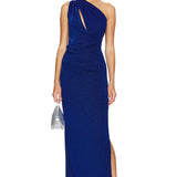 Pandora Gown in cobalt blue with one-shoulder design and side slit — Baobab | Endless UAE