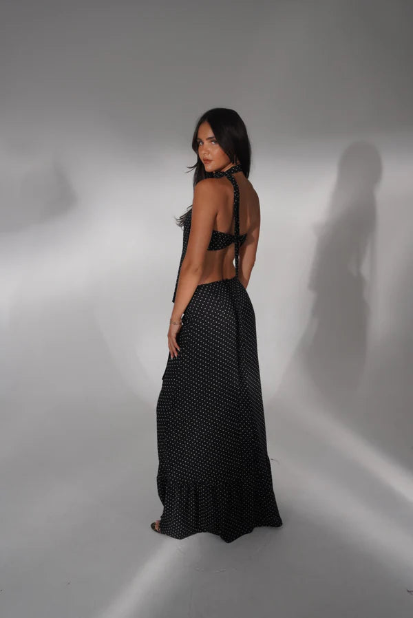 Black polka dot halter neck co-ord set with cutout detail — Deme Studio | Endless UAE