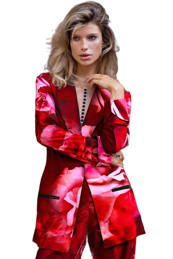 Woman wearing red floral blazer and matching pants set — Be Mystiqie | Endless UAE