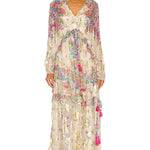 Mila Kaftan in cream floral print with long sleeves and tiered layers — Hemant & Nandita | Endless UAE