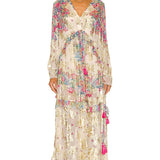 Mila Kaftan in cream floral print with long sleeves and tiered layers — Hemant & Nandita | Endless UAE