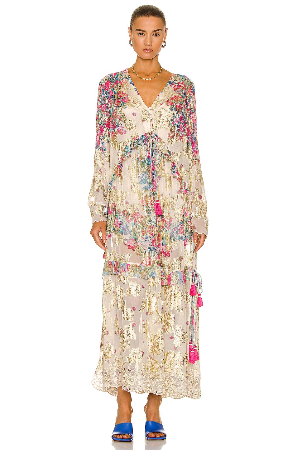 Mila Kaftan in cream floral print with long sleeves and tiered layers — Hemant & Nandita | Endless UAE