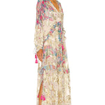 Mila Kaftan in cream floral print with long sleeves and tiered layers — Hemant & Nandita | Endless UAE