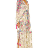 Mila Kaftan in cream floral print with long sleeves and tiered layers — Hemant & Nandita | Endless UAE