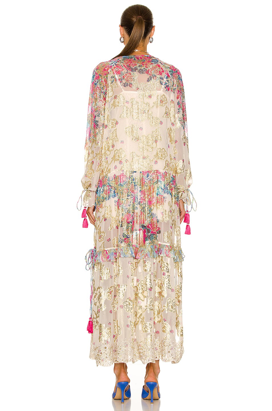 Mila Kaftan in cream floral print with long sleeves and tiered layers — Hemant & Nandita | Endless UAE
