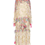 Mila Kaftan in cream floral print with long sleeves and tiered layers — Hemant & Nandita | Endless UAE