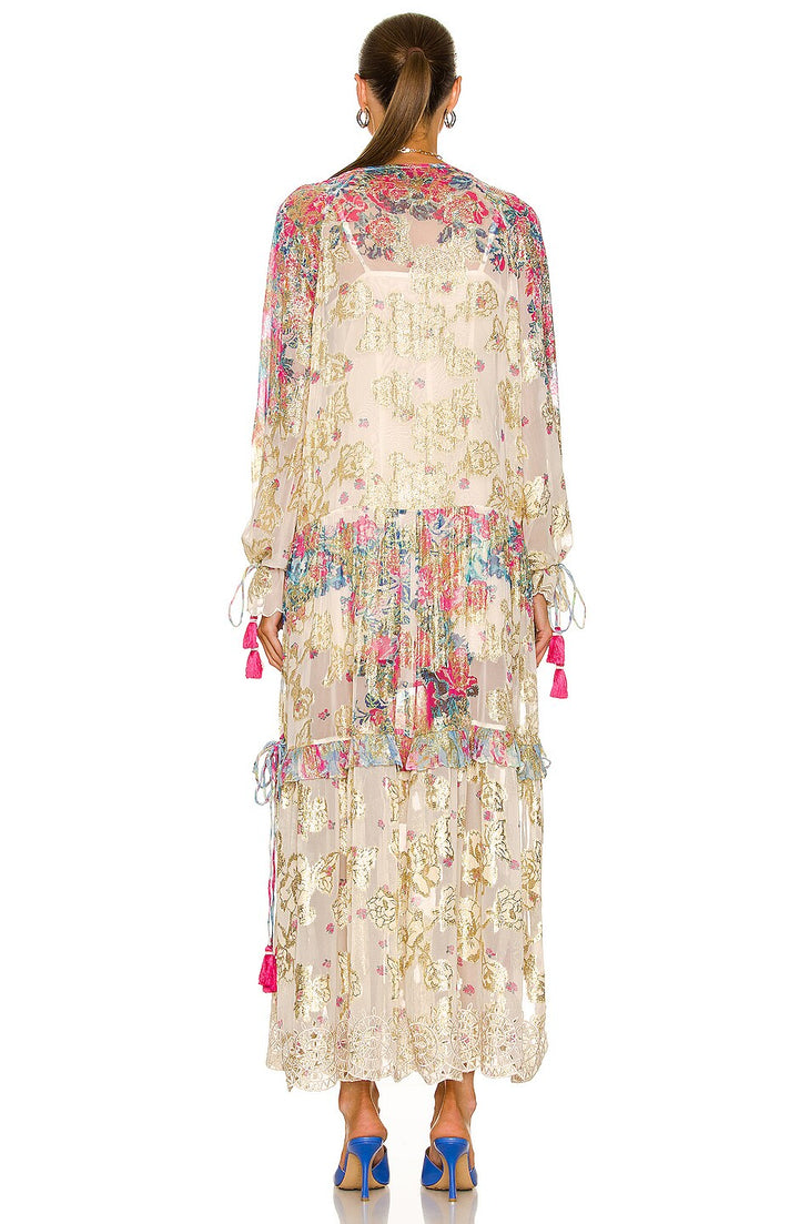 Mila Kaftan in cream floral print with long sleeves and tiered layers — Hemant & Nandita | Endless UAE