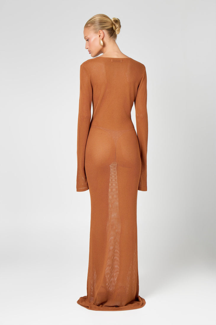 Brown long sleeve knit maxi dress with form-fitting silhouette, shown from back view — Hyphen | Endless UAE