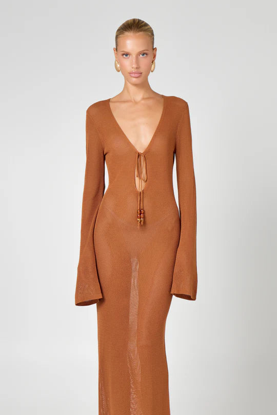 Long-sleeved brown ribbed knit maxi dress with deep V-neckline and drawstring tie detail — Hyphen | Endless UAE