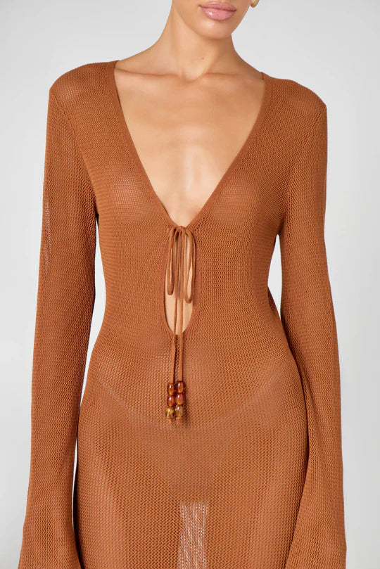Brown knit maxi dress with deep V-neck, tie-front detail, and long sleeves — Hyphen | Endless UAE