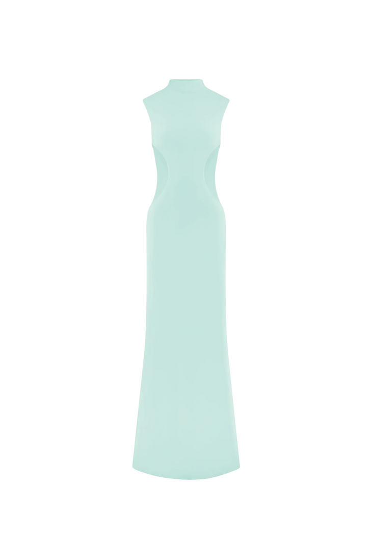 Mint green sleeveless maxi dress with mesh side cutouts and high neckline — Endless | Endless UAE