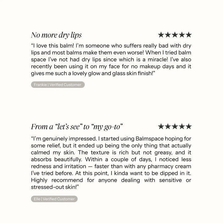Customer reviews showing 5-star ratings for Balm Space multi-purpose balm with testimonials about dry lips and sensitive skin relief — Balm Space | Endless UAE.