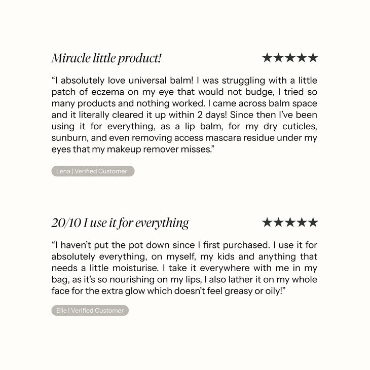Customer reviews showing 5-star ratings for Universal Balm's versatility treating eczema, moisturizing lips, and nourishing skin — Balm Space | Endless UAE