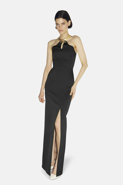 Camellia Black Gown featuring halter neckline and high slit — Filiarmi | Endless UAE
