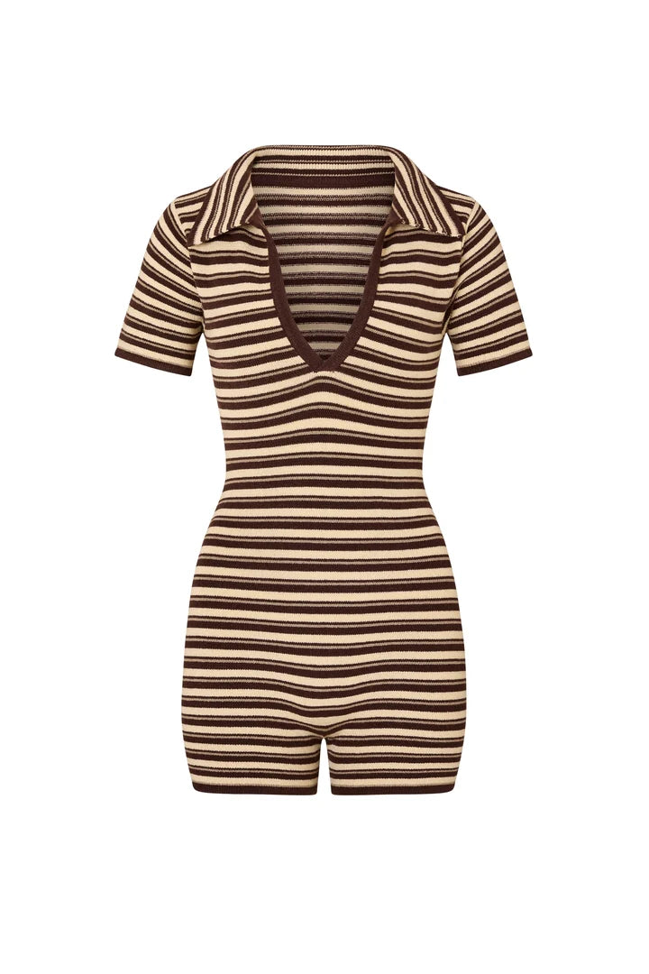 Kioni Cacao Stripe romper featuring brown and cream horizontal stripes with short sleeves — Bayu The Label | Endless UAE