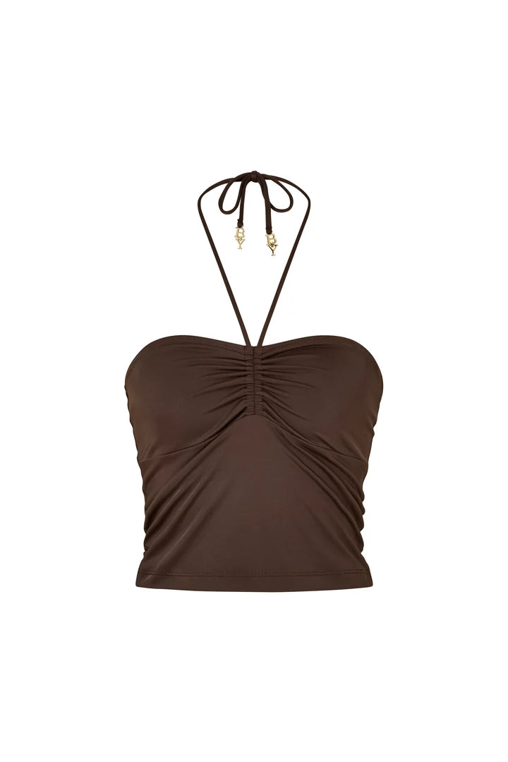 Baiser Top in Cacao - strapless black crop top with drawstring detail — Bayu The Label | Endless UAE