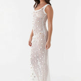 White shell knit maxi dress with open-knit texture and side cutouts — Peppermayo | Endless UAE