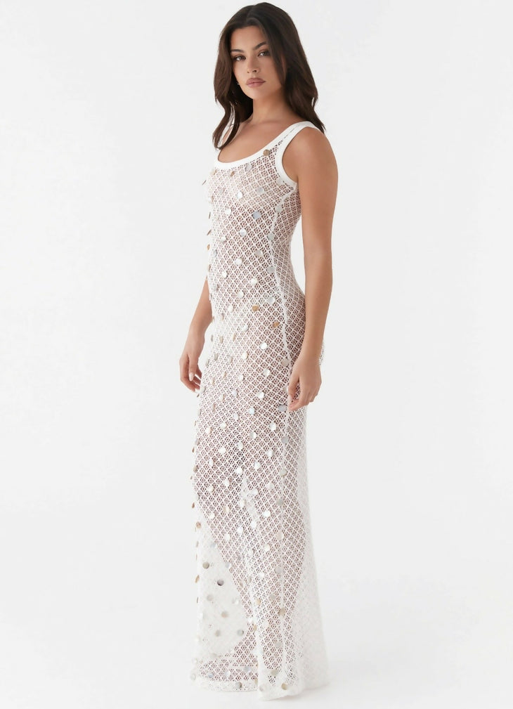 White shell knit maxi dress with open-knit texture and side cutouts — Peppermayo | Endless UAE