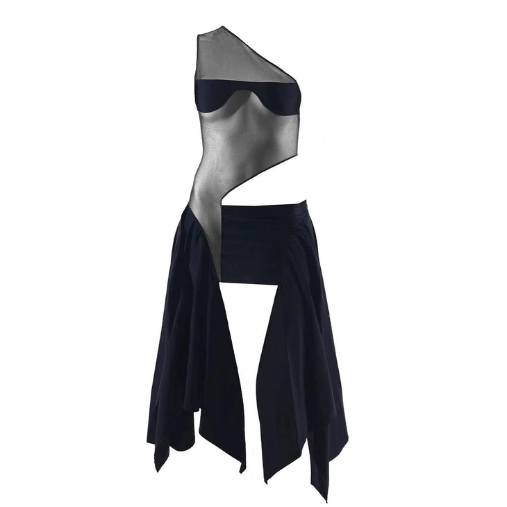 Woman wearing black mesh cut out dress with asymmetrical neckline and draped skirt — Sketch-Y | Endless UAE