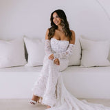 Selby white lace off-shoulder mermaid wedding dress with long sleeves — You&I | Endless UAE