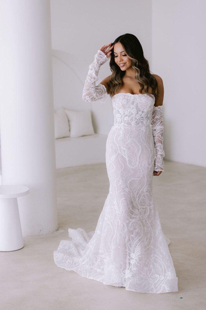 Selby white lace off-shoulder mermaid wedding dress with long sleeves — You&I | Endless UAE
