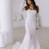 Selby white lace off-shoulder mermaid wedding dress with long sleeves — You&I | Endless UAE
