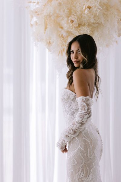 Selby white lace off-shoulder mermaid wedding dress with long sleeves — You&I | Endless UAE