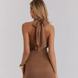 Oriana Dress Satin Bronze, a draped halter neckline mini dress — By Alle | Endless UAE
