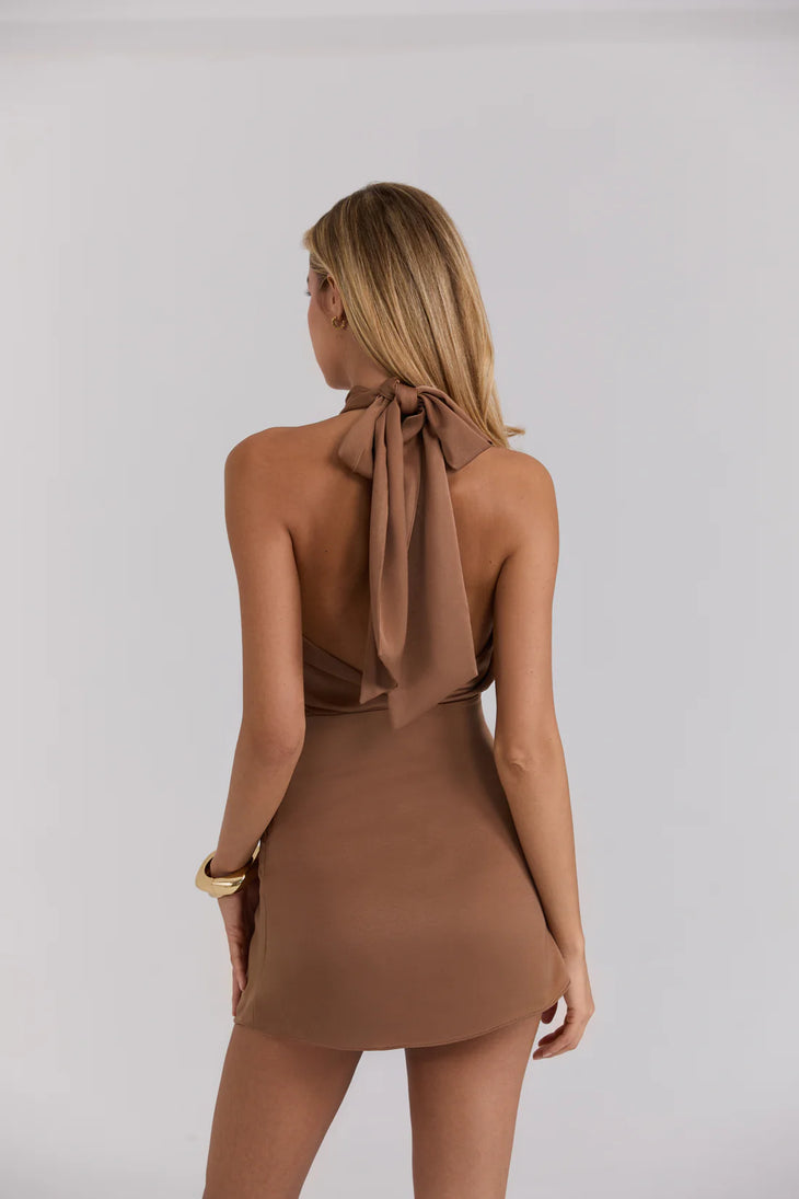 Oriana Dress Satin Bronze, a draped halter neckline mini dress — By Alle | Endless UAE
