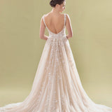 Elegant A-line bridal gown with lace appliqué, low scoop back, and flowing cathedral train — Teresa Atelier | Endless UAE