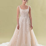 Elegant A-line wedding gown with floral lace appliqués, square neckline, and cathedral train — Teresa Atelier | Endless UAE