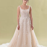 Elegant A-line wedding gown with floral lace appliqués, square neckline, and cathedral train — Teresa Atelier | Endless UAE