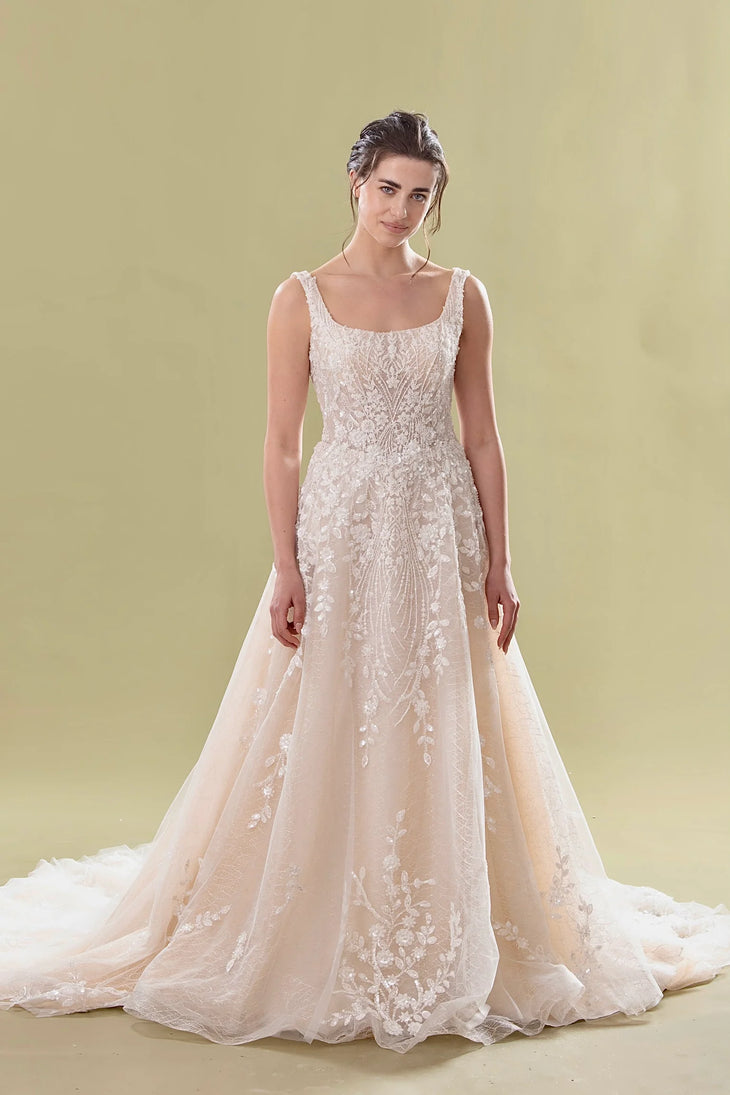 Elegant A-line wedding gown with floral lace appliqués, square neckline, and cathedral train — Teresa Atelier | Endless UAE
